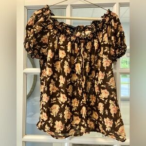 Cute Top from American Living, Size XL. Brown Background with Tan & Pink Flowers